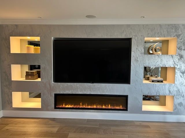 TV installation cabinet with glass fire flush to wall