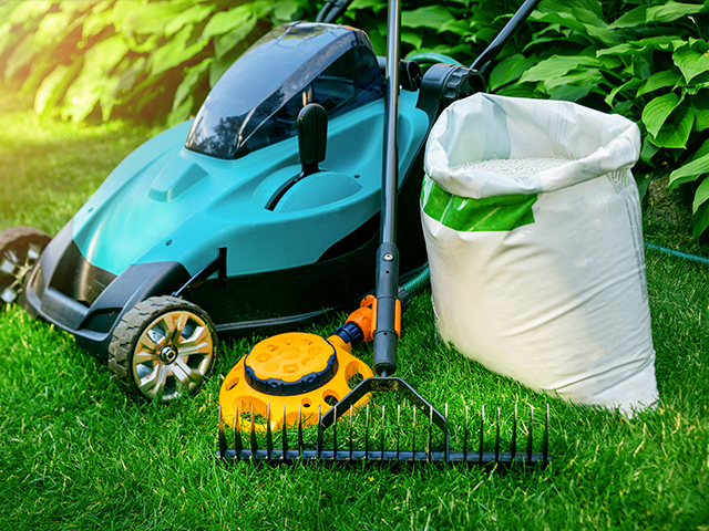 Gardening tools and lawn care equipment on green grass on sunny day
