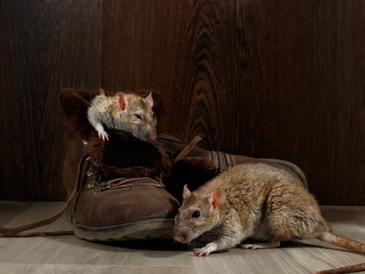 Close-up two rats near brown boots