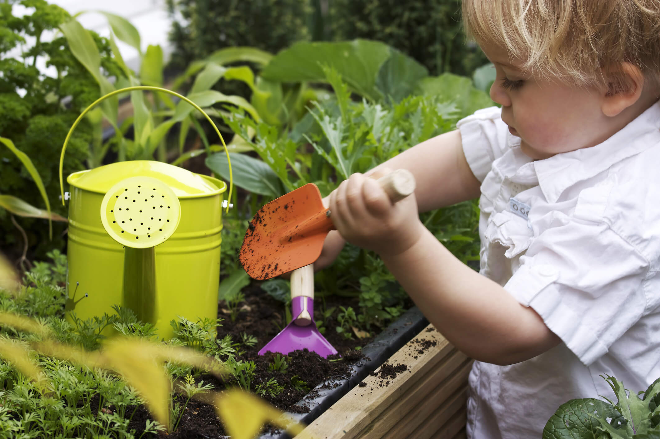toddler playing with gardening trowel