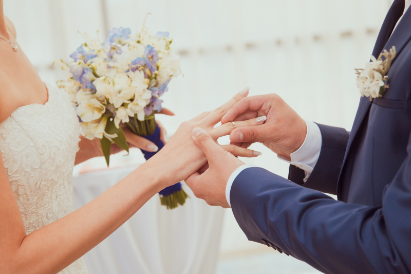 Groom places ring on bride's finger