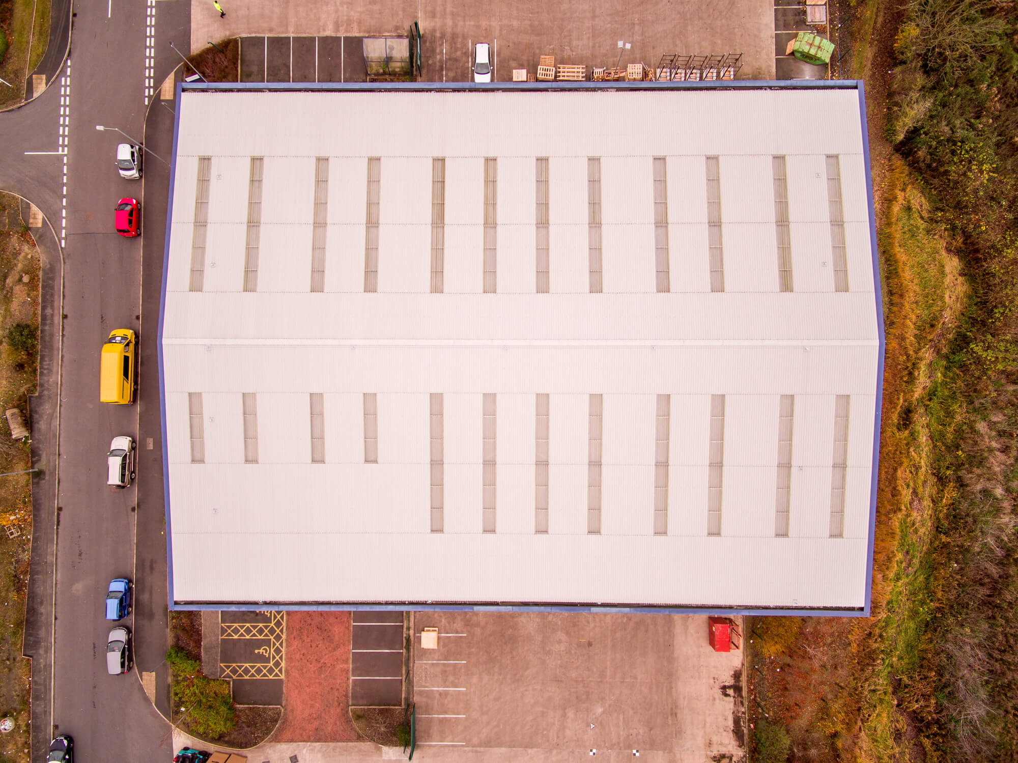 Roof inspection image of industrial building, taken by drone