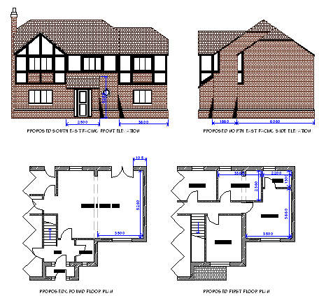 Architectural drawing of a traditional Tudor house with floor plan included