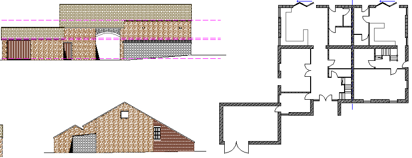 Architectural drawing of a farm building with floor plan