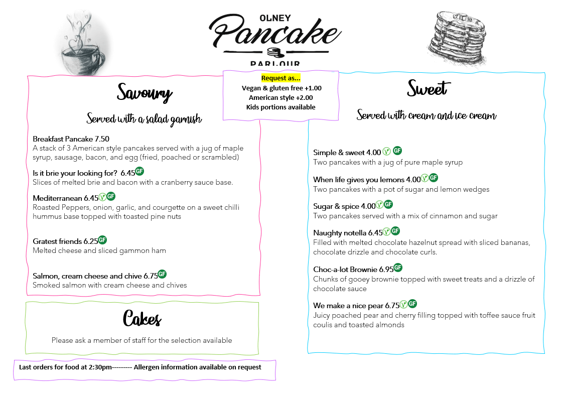 Eat in or takeaway our delicious treats Olney Pancake Parlour Eat in or takeaway our delicious treats Olney Pancake Parlour