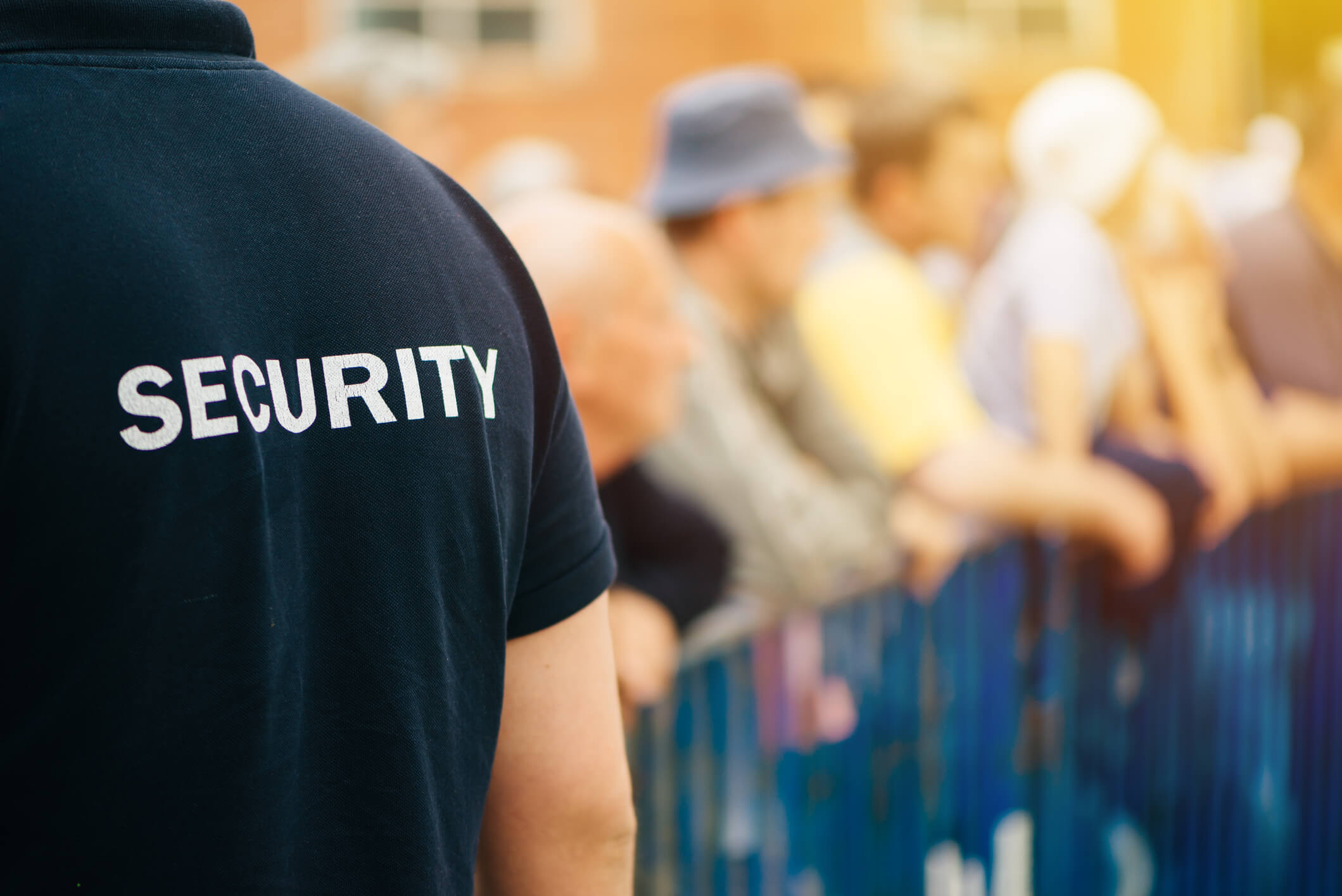 security guard overlooking a crowd at an event with their back to the camera