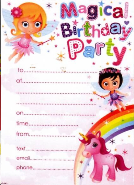 Magical Birthday Party invitation card with a pink unicorn and 2 fairies on