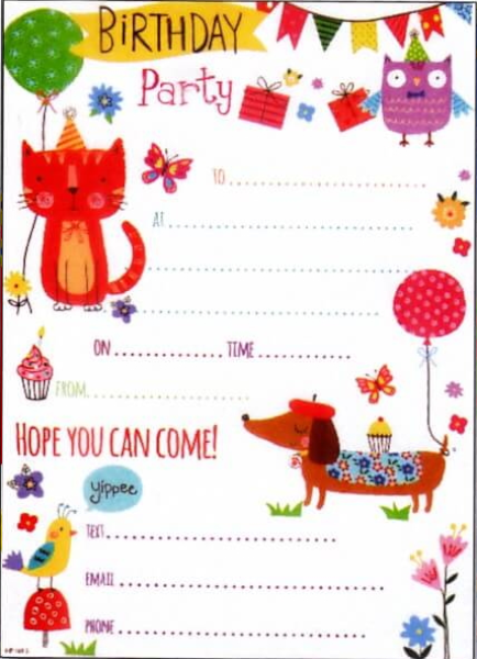 Birthday Party invitation with multiple illustrated animals on including an owl, cat, bird and a dog