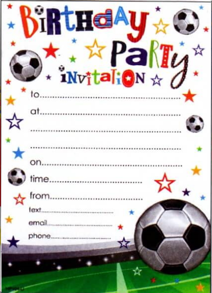 Birthday Party invitation card with multiple footballs at spread around and a stadium at the bottom