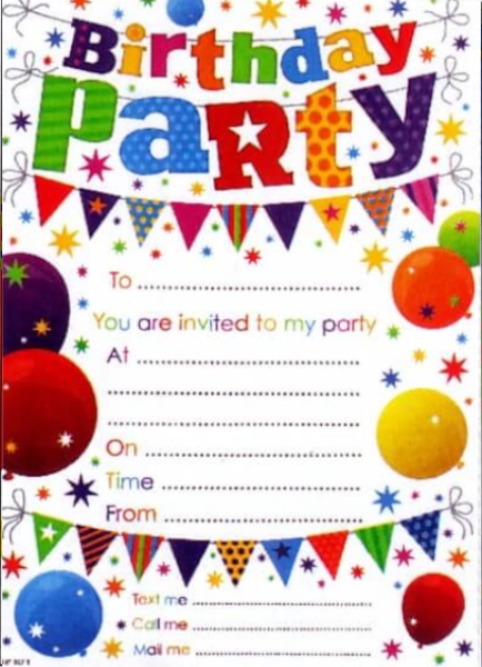 Birthday Party invitation card with multiple different coloured balloons on
