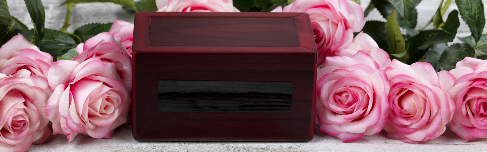 Close up of a cremation funeral box with rose flowers for death concept