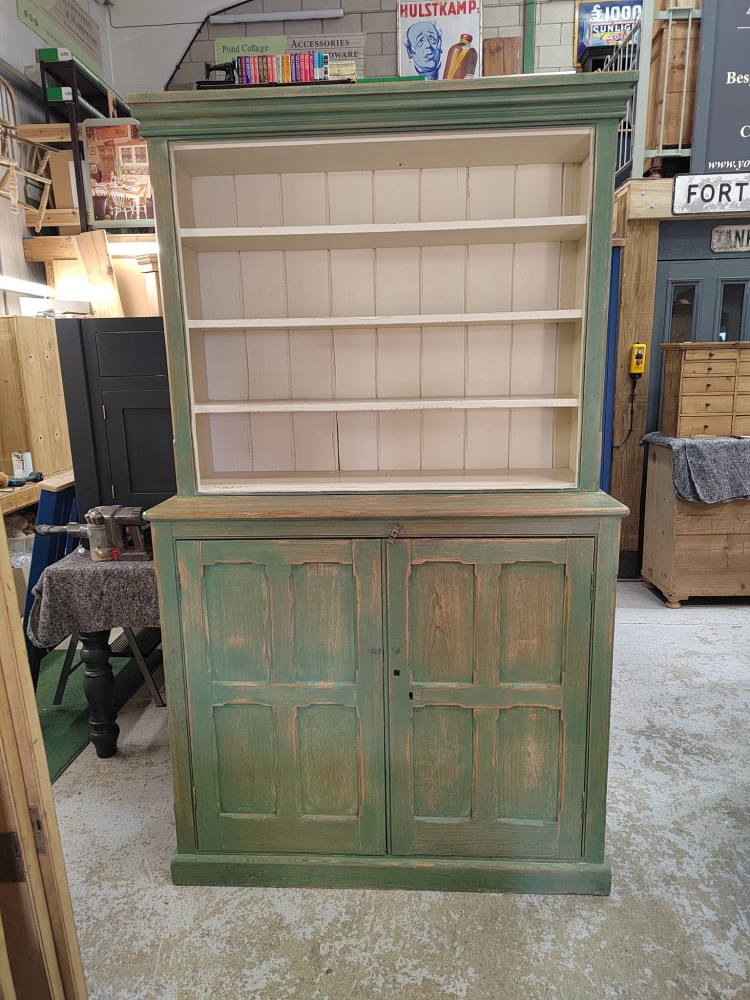 Green distressed pitch pine dresser with open rack SOLD Pond Cottage