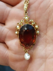 Victorian 15ct gold pendant set with a large dark citrine and pearls, on 15ct yellow gold chain