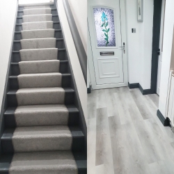 Abingdons stain free ultra ice dance made into a runner. Hall is universal LVT colour nimbus cloud