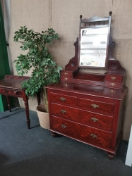 Feathered mahogany painted Victorian pine chest of drawers with mirror 