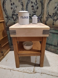 Square butchers block on lovely old pine stand with shelf
