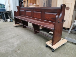 Dark stain pine pew with umbrella holders SOLD