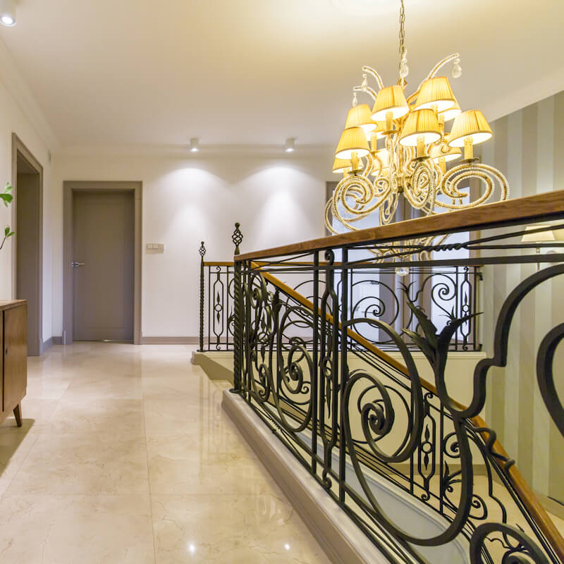 Elegant hall and decorative metal railing in a house